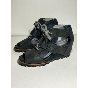 Sorel EUC Black Leather Joanie II Lace Up Wedge Gladiator Sandal Size 9.5